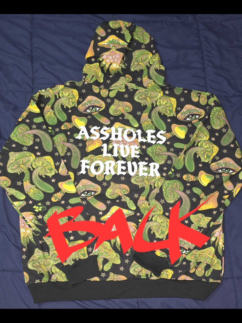 ASSHOLES LIVE FOREVER -Psychedelic Mushroom Hoodie - Blk & Grn & Yellow Print - Picture 2 of 5